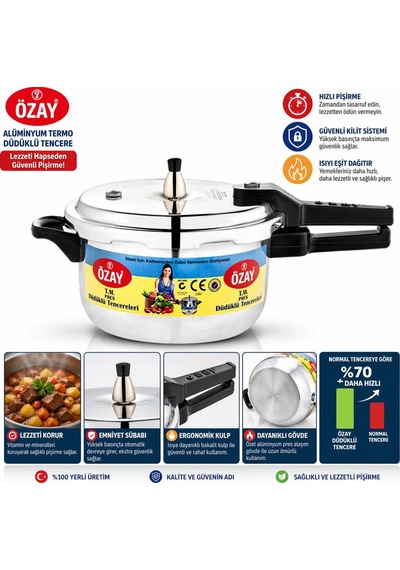 Özay 5Lt Alüminyum Termo Düdüklü Tencere Bakalit Kulplu Emniyet Sübaplı Hızlı Pişirme