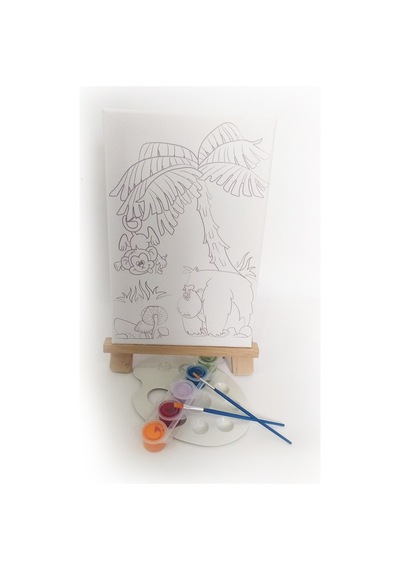 Goril & Maymun Çocuk Ressam Seti - 20 X 20 Cm Önçizimli Tuval, 2 Ad. Fırça, Palet, Boyalar Ve Şövale