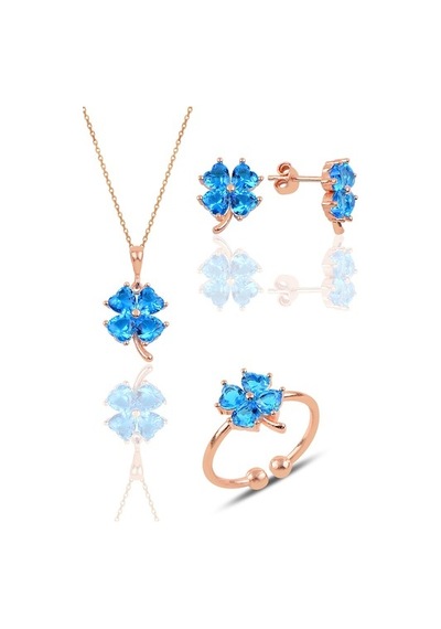 Gümüş Rose Akuamarin Taşlı Yonca Kolye Küpe Ve Yüzük Üçlü Set