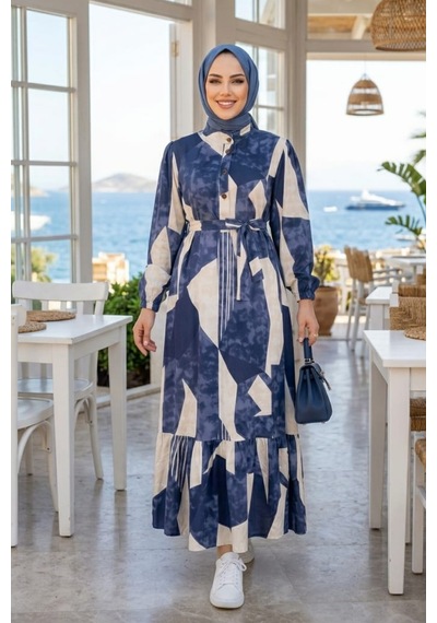 Hb Harma Time Butik Kadın Kuşaklı Viskon Kumaş Tesettür Lacivert Elbise