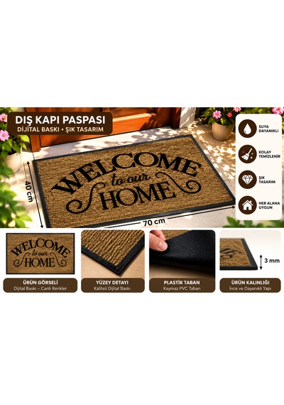 Dış Kapı Paspası 40x70 Cm Dijital Baskılı Kaymaz Pvc Plastik Tabanlı Kapı Önü Paspası Kahverengi