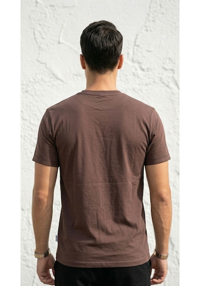 Plus Scorpion T02 Kol Katlama Erkek Slim Fit Basic Tişört Bisiklet Yaka, Düz Kumaş, Yazlık Model Kahverengi