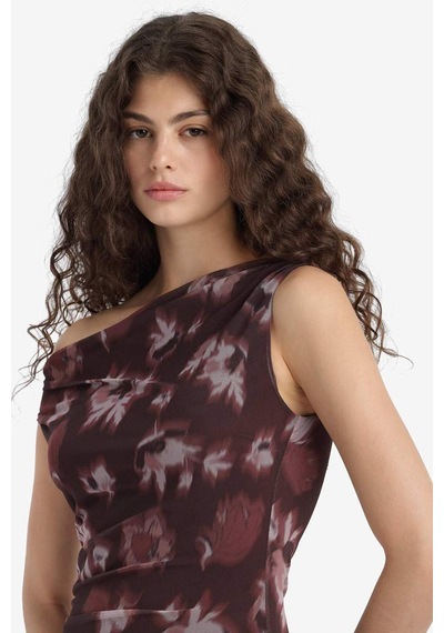 Defacto Bodycon Vücudu Saran Açık Omuz Çiçek Desenli Tül Maxi Elbise F0421ax25aubr232 Bordo