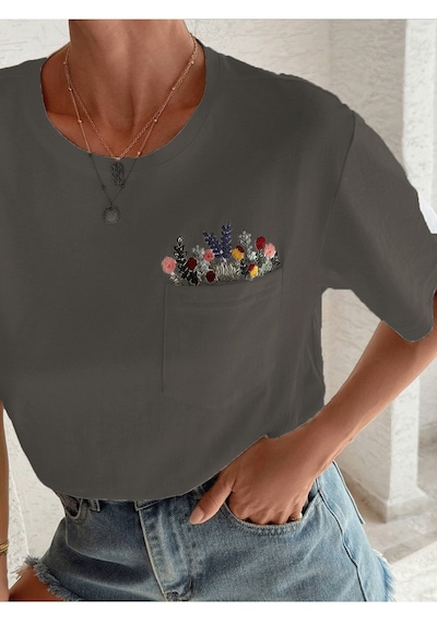 Flood Of Style Kadın Füme Çiçekli Cep Baskılı Oversize Gri