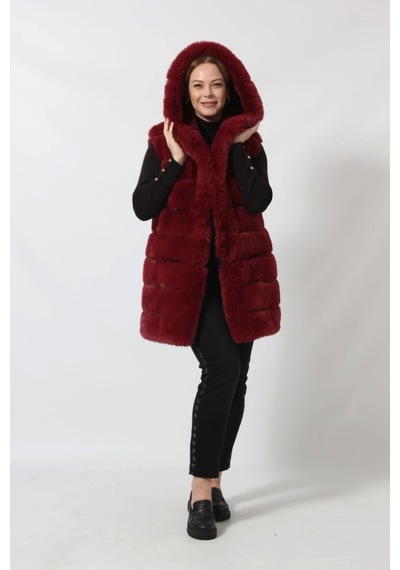 Moda Berray Etekten Kısalabilen Kapüşonlu Lüks Suni Kürk Yelek Bordo