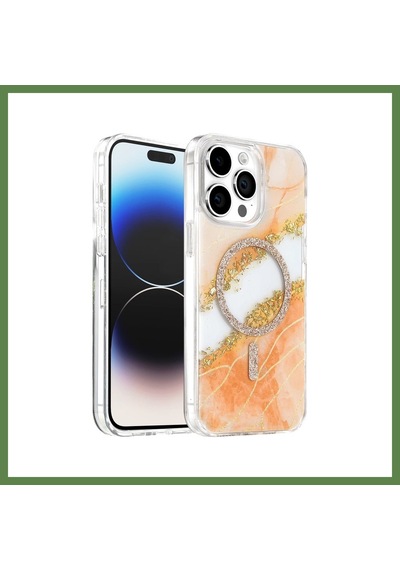 Bezos Onegif İphone 15 Pro Max Uyumlu Lotus Simli Magsafe Kapak - Turuncu Hb006