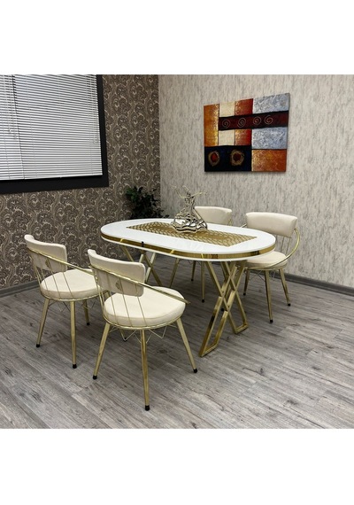 Selenit Mutfak Yemek Masası Takımı- 4 Kişilik Mutfak Masa Sandalye Takımı- Mutfak Masası Takımı Düz Beyaz Gold Selenit Mutfak Yemek Masası Takımı- 4 Kişilik Mutfak Masa Sandalye Takımı- Mutfak Masası Takımı Düz Beyaz Gold
