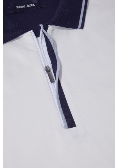 Fermuarlı Polo Yaka Erkek T-shirt Beyaz Beyaz