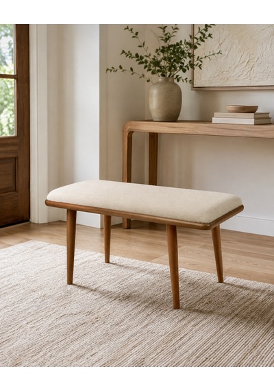 Ganni Home Oslo Bench Krem Ceviz Gürgen İskeletli, Döşemeli Modern Yemek Odası Bench Krem - Ceviz