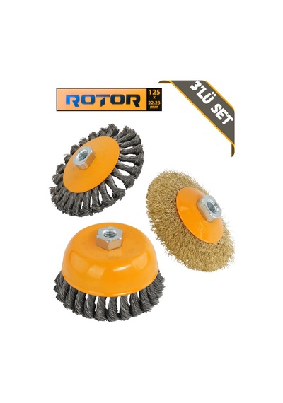 Rotor 3'lü Tel Fırça Seti 125 Mm M14 Konik, Düğümlü Konik Ve Çanak