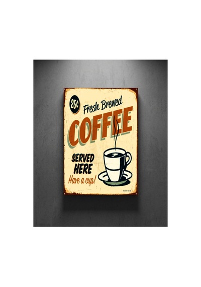 Fresh Brewed Coffee Retro Tablo Vintage Kahve Temalı Dekoratif Duvar Tablosu Ahşap & Metal Baskı