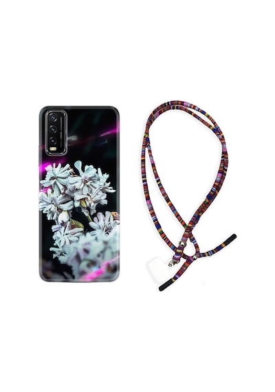 Vivo Y20S Kılıf Rasta Boyun Askılı Beyaz Çiçekler 1888