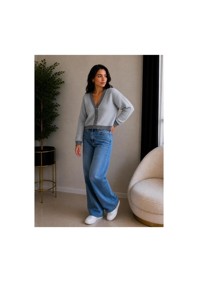 Hira Life Fashion Kadın V Yaka Düğmeli Şeritli Kısa Crop Ceket-hırka Gri Gri