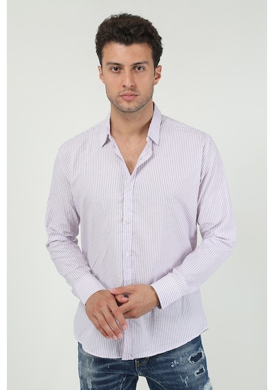 Erkek Kalın Dik Çizgili Uzun Kollu Slim Fit Gömlek 21y-4300599 Lila Lila