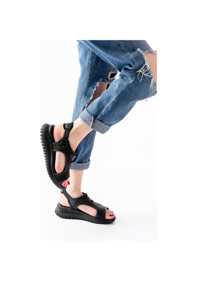 Aymood T-221 Siyah Spring Paraşüt Kumaş Lastikli Ortopedik Kadın Sandalet Siyah