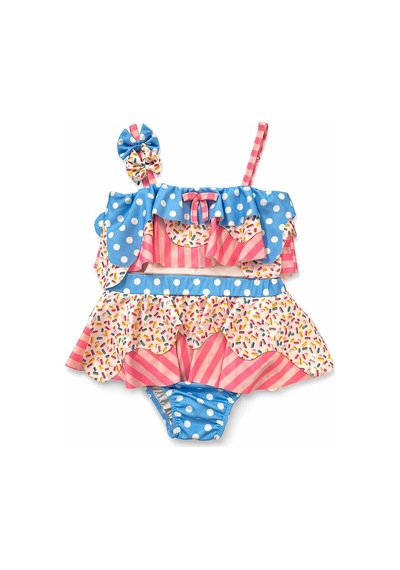 Aykidsclup Kız Çocuk Fırfırlı Desenli Bikini Takımı Puantiyeli & Desenli 26251- Karışık