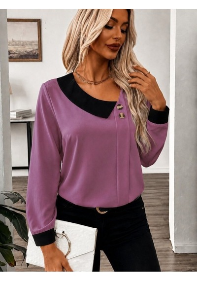Suma Kadın Uzun Kollu Asimetrik Yaka Düğmeli İthal Krep Bluz Pembe