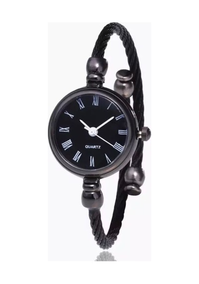 Siyah-siyah Ince Bileklik Yuvarlak Vintage&retro Saat Siyah - Gümüş