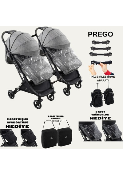 Prego Yan Yana Birleştirmeli Kabin Boy İkiz Bebek Arabası Ayak Örtüsü + Yağmurluk + Taşıma Çanatası