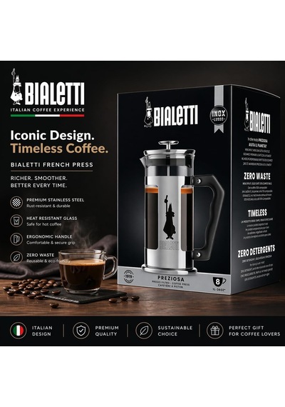 Preziosa French Press: Yaklaşık 1l Kapasiteli Kahve Hazırlayıcı - 18/10 Paslanmaz Çelik Gövde - Bulaşık Makines Diğer