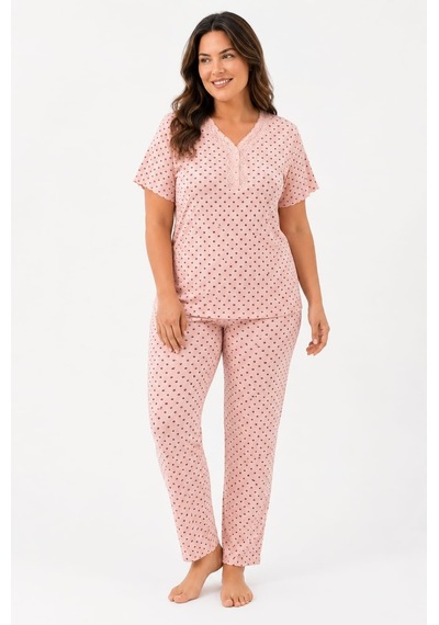 Pemilo Kadın Büyük Beden 7918 Kısa Kol Bambu Pijama Takımı Pembe