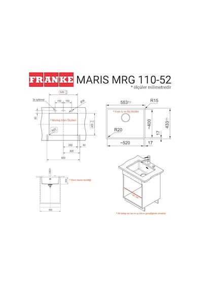 Franke Mrg 110-52 Granit Eviye. Stone Grey. Tezgahaltı. Tek Hazne. 52 x 40 CM