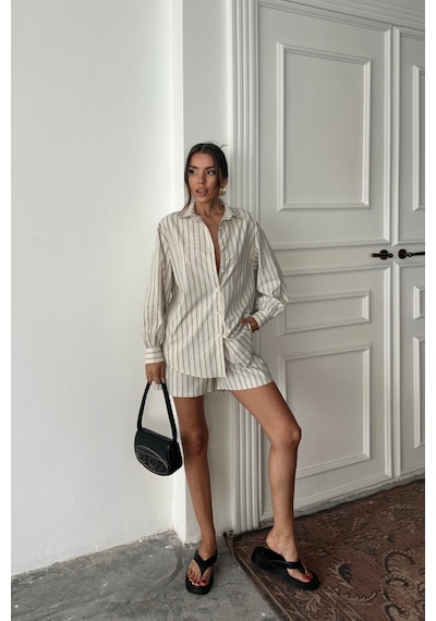 Dogutrend Poplin Çizgili Gömlek - Şort Takım - Bej