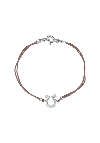 Zirkon Taşlı Pırlanta Montür Gümüş Rengi Kaplama Kahverengi İpli At Nalı Bileklik Gümüş - Rose Gold