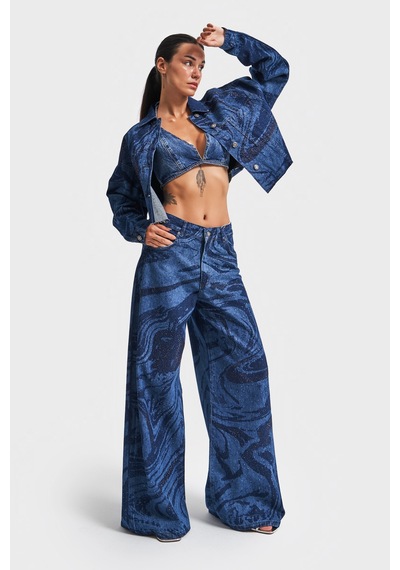 it's basic Kadın Mavi Renk Parlak Taş Detaylıpalazzo Fit Bol Kesim Denim