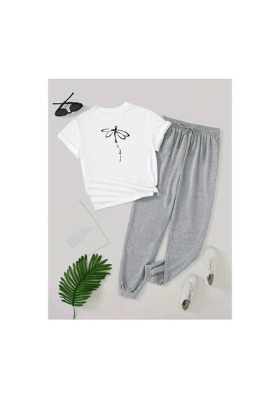 Medinenur Dragonfly Baskılı T-shirt Eşofman Altı Jogger Rahat Kalıp Eşofman Takım Beyaz