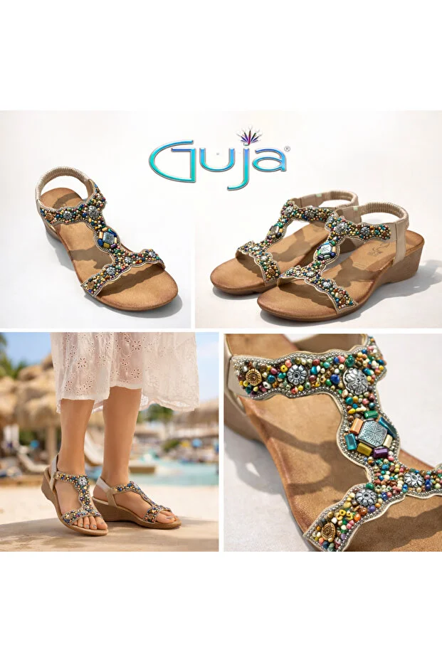 Guja 26y226 Kadın Taşlı Dolgu Taban Comfort Sandalet Bej