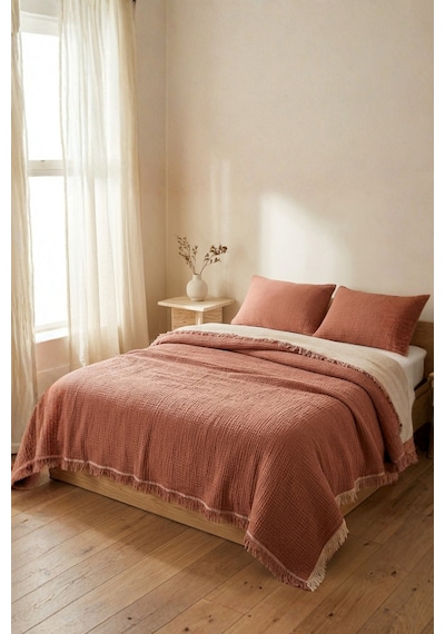 Natura Soft Ekru 4 Kat Müslin Çift Kişilik Yatak Örtüsü 220x230 Cm %100 Pamuk Çok Amaçlı Koltuk Örtüsü Ve Tv Battaniyesi Kırmızı