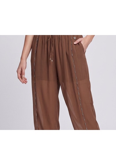 Bsb Kadın İpli Beli Boncuk İşlemeli Şifon Kumaş Rahat Kesim Crop Pantolon Mocha