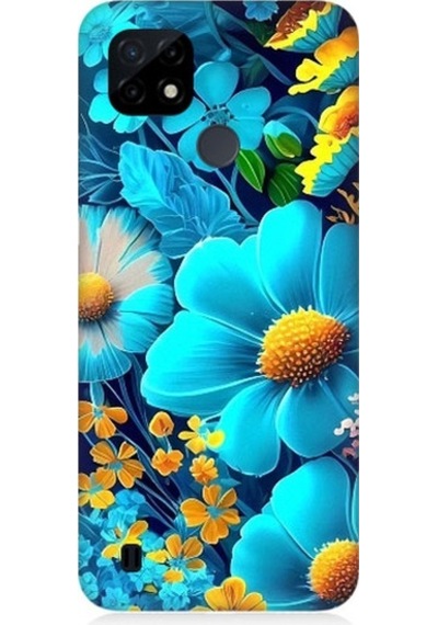 Realme C21 Uyumlu Mavi Sarı Çiçekler Desenli Silikon Kılıf