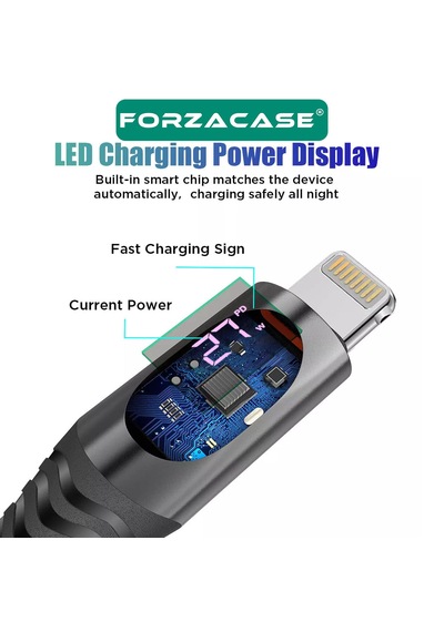 Forzacase FC897 Type-C To Lightning Örgülü Led Ekran 27 W PD Hızlı Şarj Kablosu 1 M