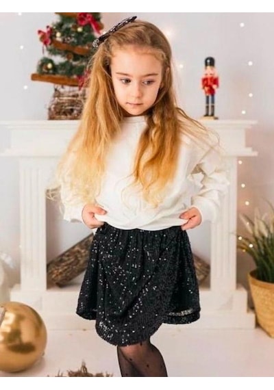 Çikoby Kız Çocuk Crop Bluz Pul Payetli Etekli Takım-14891 Ekru