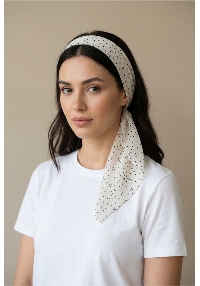 Last İcon Beyaz Siyah Puantiyeli İnce Şifon Fular Bandana Şal Çok Renkli