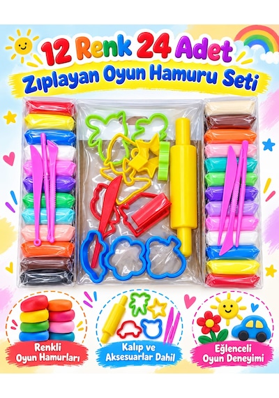 Oyuncak 12 Renk 24 Adet Zıplayan Havayla Kuruyan Yumuşak Kil Hamuru Kalıp Aksesuar Oyun Hamur Seti 38 Parça Çok  Renkli