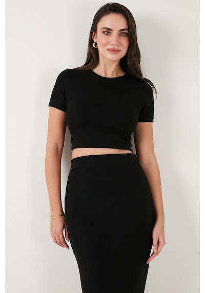Lela Slim Fit Yırtmaç Detaylı Uzun Etekli Crop Bayan Takım 5866148 Siyah