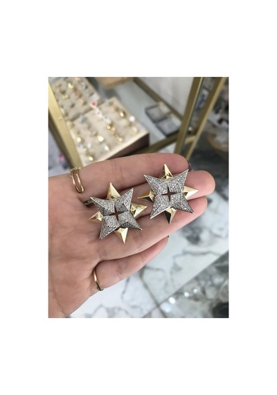 Vıp Seri Gold Detaylı Taşlı Yıldız Model Küpe Altın