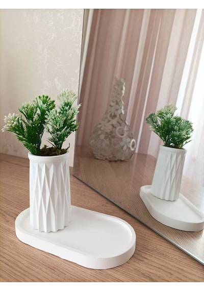 Mini Desenli Beton Saksı Tekli Ve Oval Tabak - Yapay Çiçek Hediyeli - Beyaz Tomurcuk