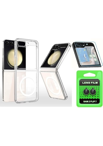 Vendas Galaxy Uyumlu Z Flip 7 Kılıf M-safe Şarj Özellikli Şeffaf Sert Pc Zore Embos Kapak + Kamera Lens + Nano Ekran Koruyucu Şeffaf