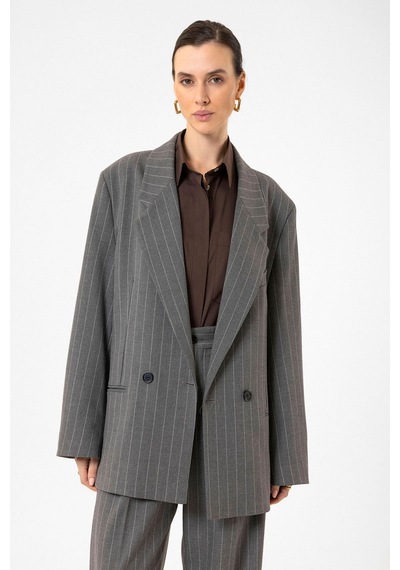 Antioch Kadın Çizgili Oversize Blazer Ceket Gri