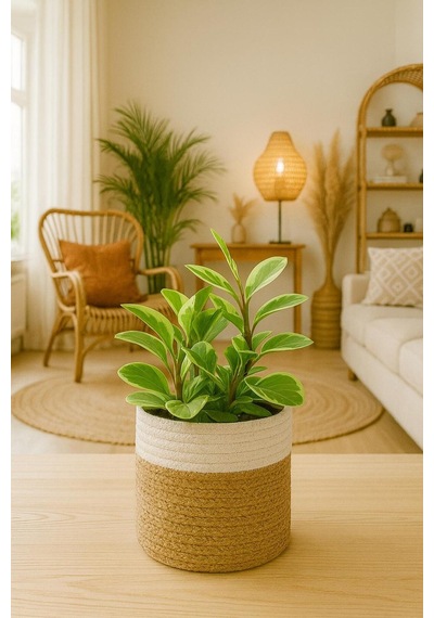 Dekoratif Jüt Hasır Saksılık Havluluk Organizer,çiçek Saksısı 30x30 Cm Beyaz Beyaz