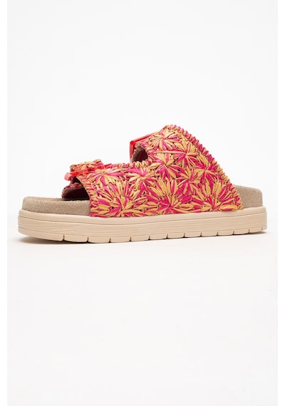 Luvishoes Luvi Shoes Mılana Pembe Desenli Hakiki Deri Tokalı Çift Bantlı Kadın Terlik Pembe