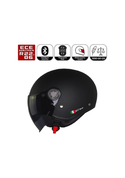 Fr612 Mat Siyah Motosiklet Kaskı Güneş Vizörlü Yarım Açık Motorcu Kask