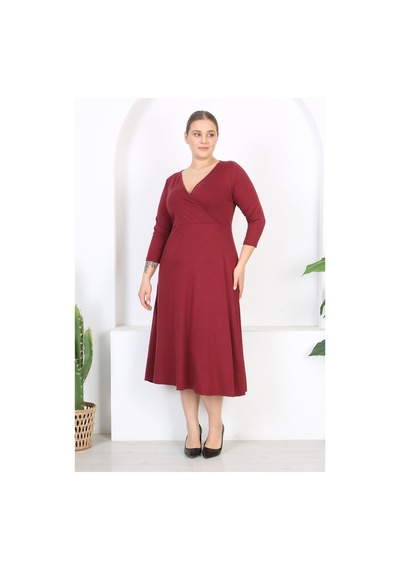 Mooi Xxl Kadın Bordo Uzun Kol Kruvaze Yaka Büyük Beden Maxi Elbise Bordo