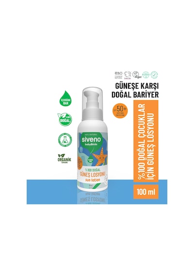 Siveno %100 Doğal Çocuk Güneş Losyonu Leke Karşıtı Nemlendirici Bitkisel Vegan UVA UVB SPF 50+ 100 ml