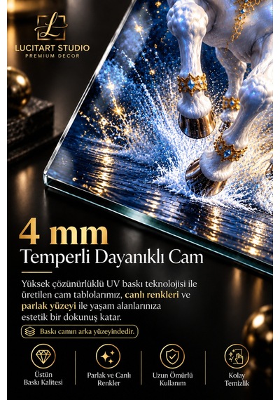 Beyaz At Gold Detaylı 4 Mm Temperli Cam Tablo Lüks Modern Duvar Dekoru Çok Renkli