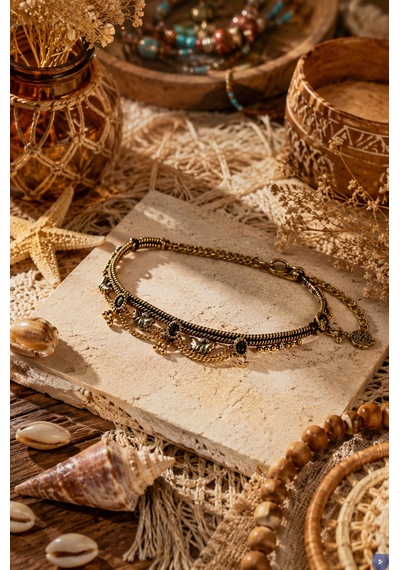 Vintage Zincir Detaylı Kadın Halhal Antik Gold Etnik Ayak Bilekliği Çok Renkli